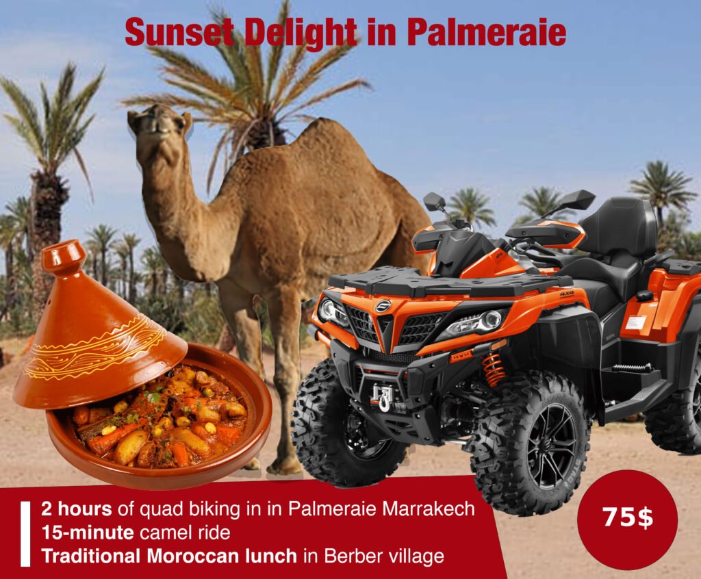 Package 2: Sunset Delight in Palmeraie 1.5 hours of quad biking in Palmeraie Marrakech Enjoy the mesmerizing sunset views 20-minute camel ride through the palm groves Traditional Moroccan dinner in a desert camp Price: $150 per person